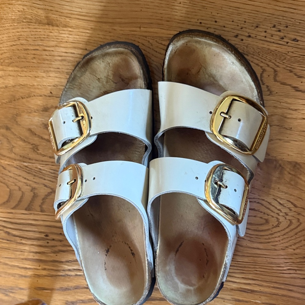Birkenstock White Double-Buckle Slide Sandals with Gold Buckles - Picture 1 of 3